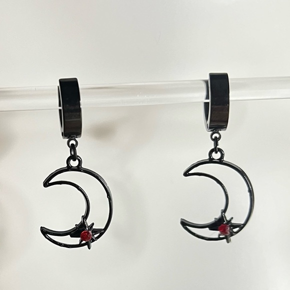 Dainty Goth Hoop Earrings,  Moon, Moth and Star Hoop Set, Edgy all Black Hoops - Picture 14 of 14
